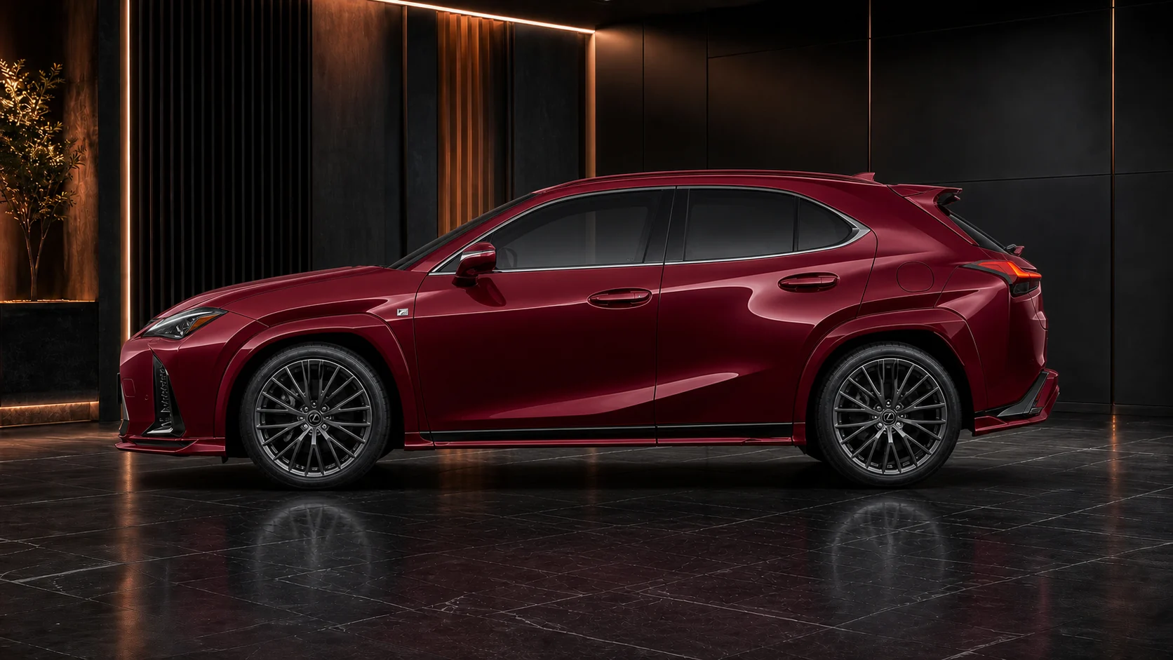 Deep Burgundy Lexus UX200 F SPORT 8–10 mm mild-arch side AI concept visual