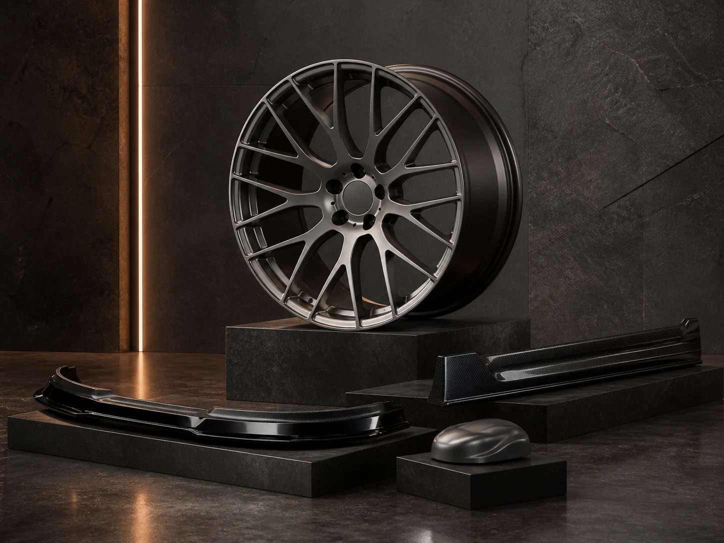 Forged wheel and exterior styling components displayed in a graphite and copper studio