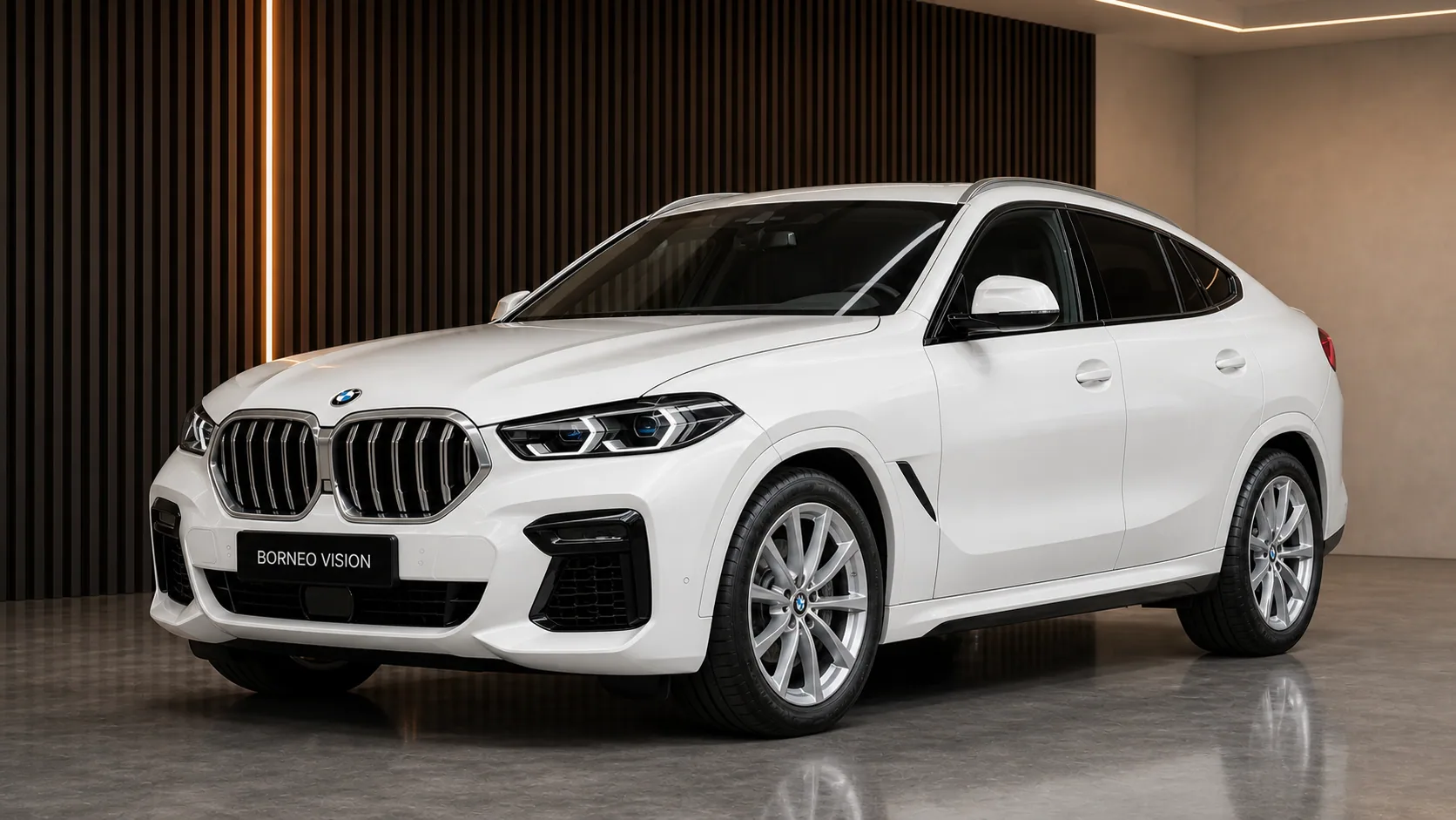 BMW X6 G06 in factory-stock appearance, front three-quarter view — BORNEO VISION generated factory reference