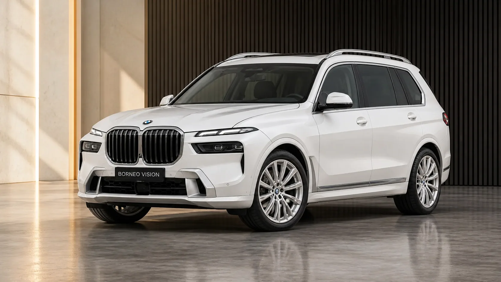 BMW X7 G07 in factory-stock appearance, front three-quarter view — BORNEO VISION generated factory reference