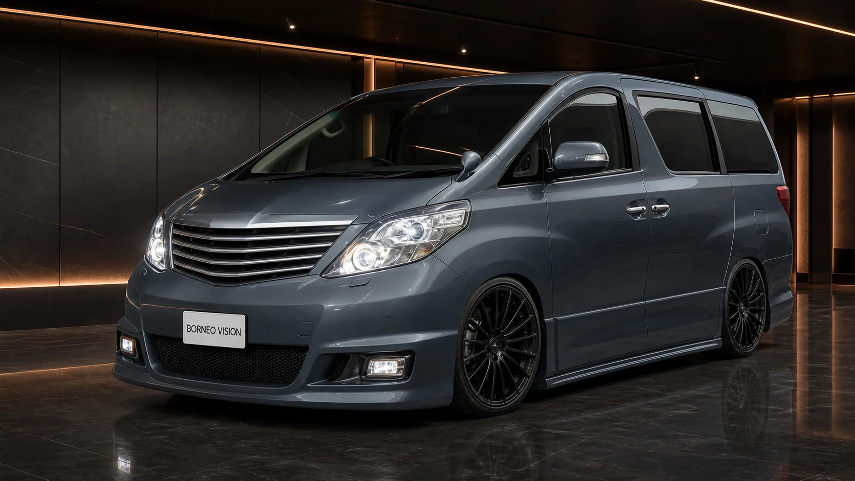 Titanium Blue-Grey Toyota Alphard 20 early Grand Type II quad full-bumper AI concept visual