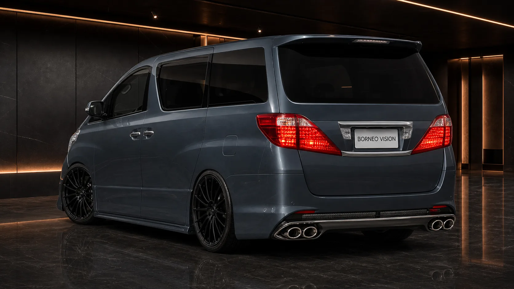 Titanium Blue-Grey Toyota Alphard 20 early Type II four-outlet D-class rear AI concept visual