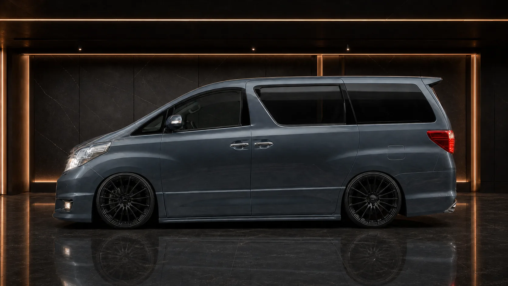 Titanium Blue-Grey Toyota Alphard 20 early Grand side-step AI concept visual