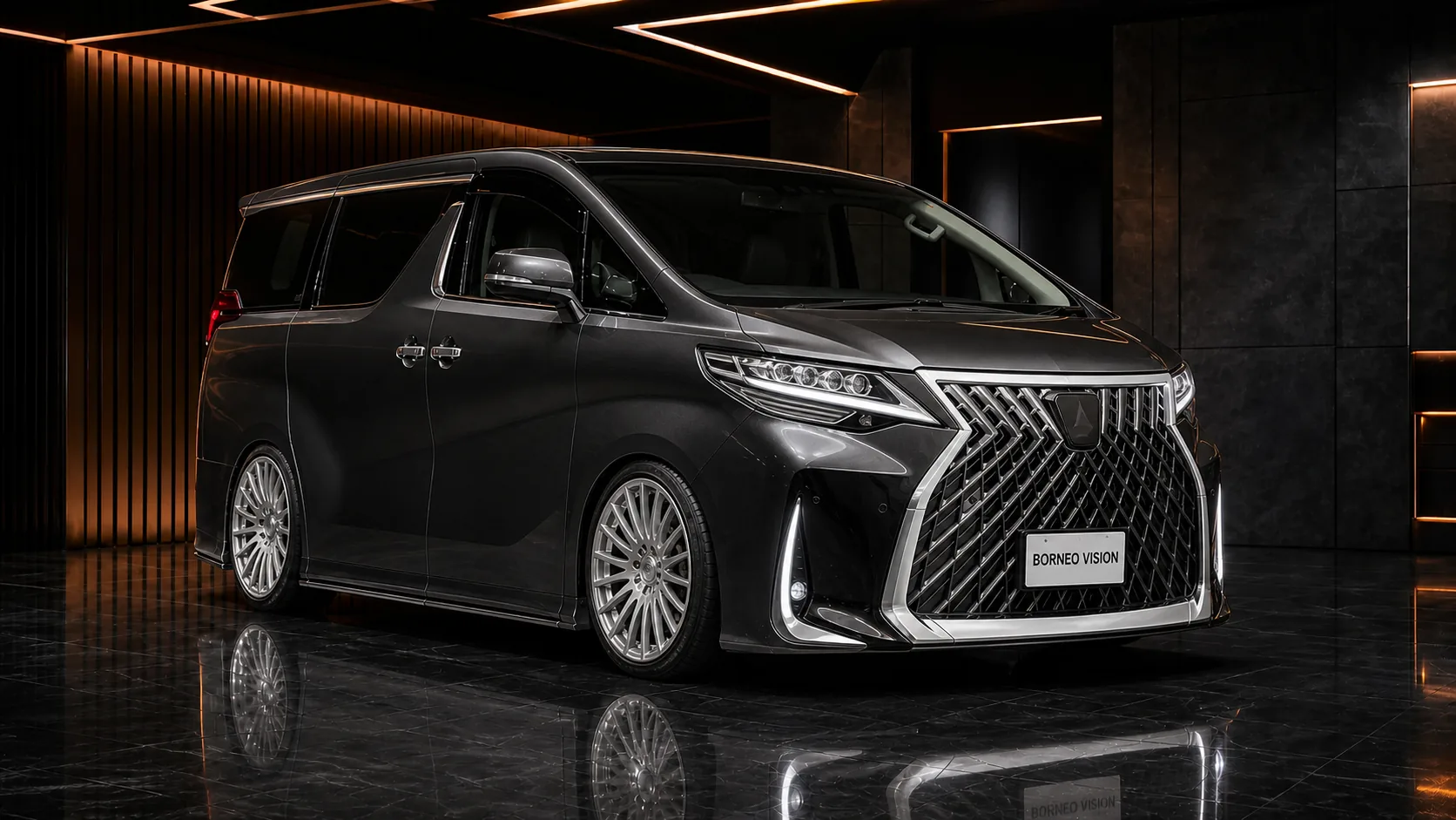 Obsidian Graphite Toyota Alphard 30 facelift LM350-style front conversion AI concept visual