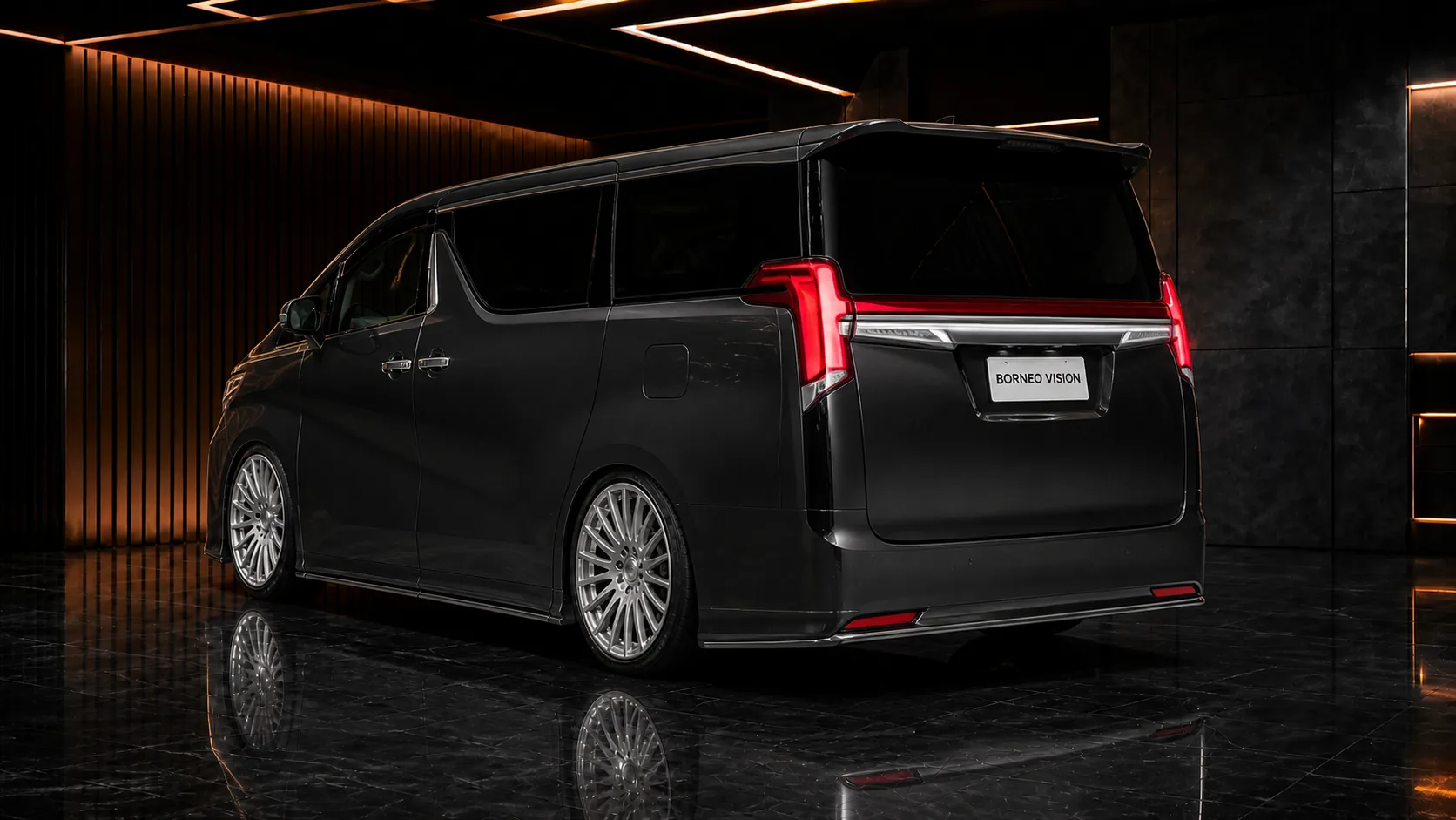 Obsidian Graphite Toyota Alphard 30 facelift LM350-style rear conversion AI concept visual