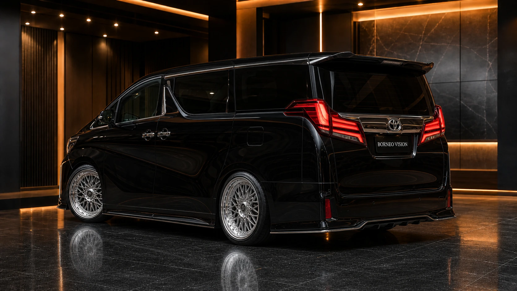 Obsidian Black Toyota Alphard 30 facelift S Grade rear-under AI concept visual