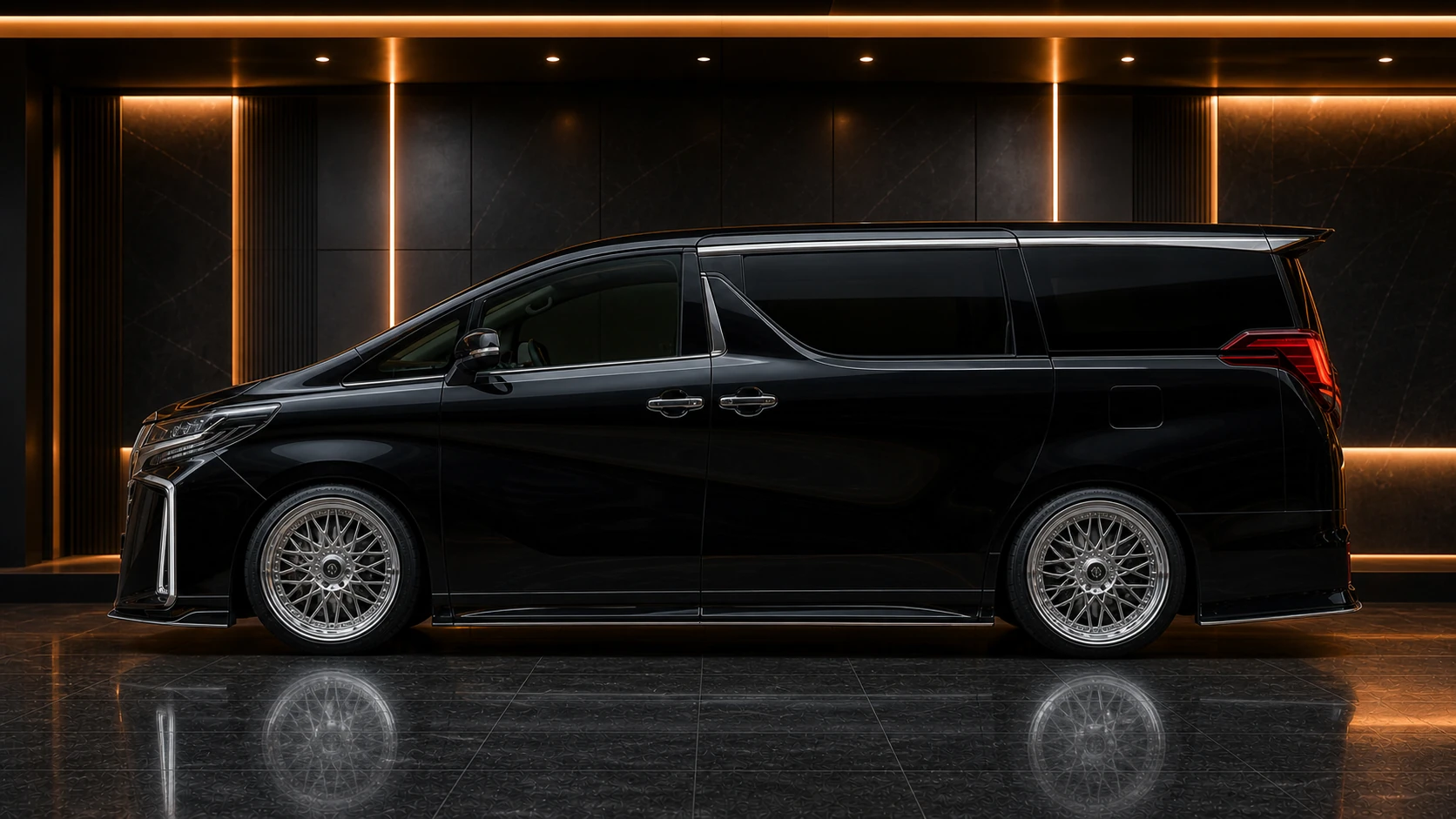 Obsidian Black Toyota Alphard 30 facelift S Grade side-under AI concept visual