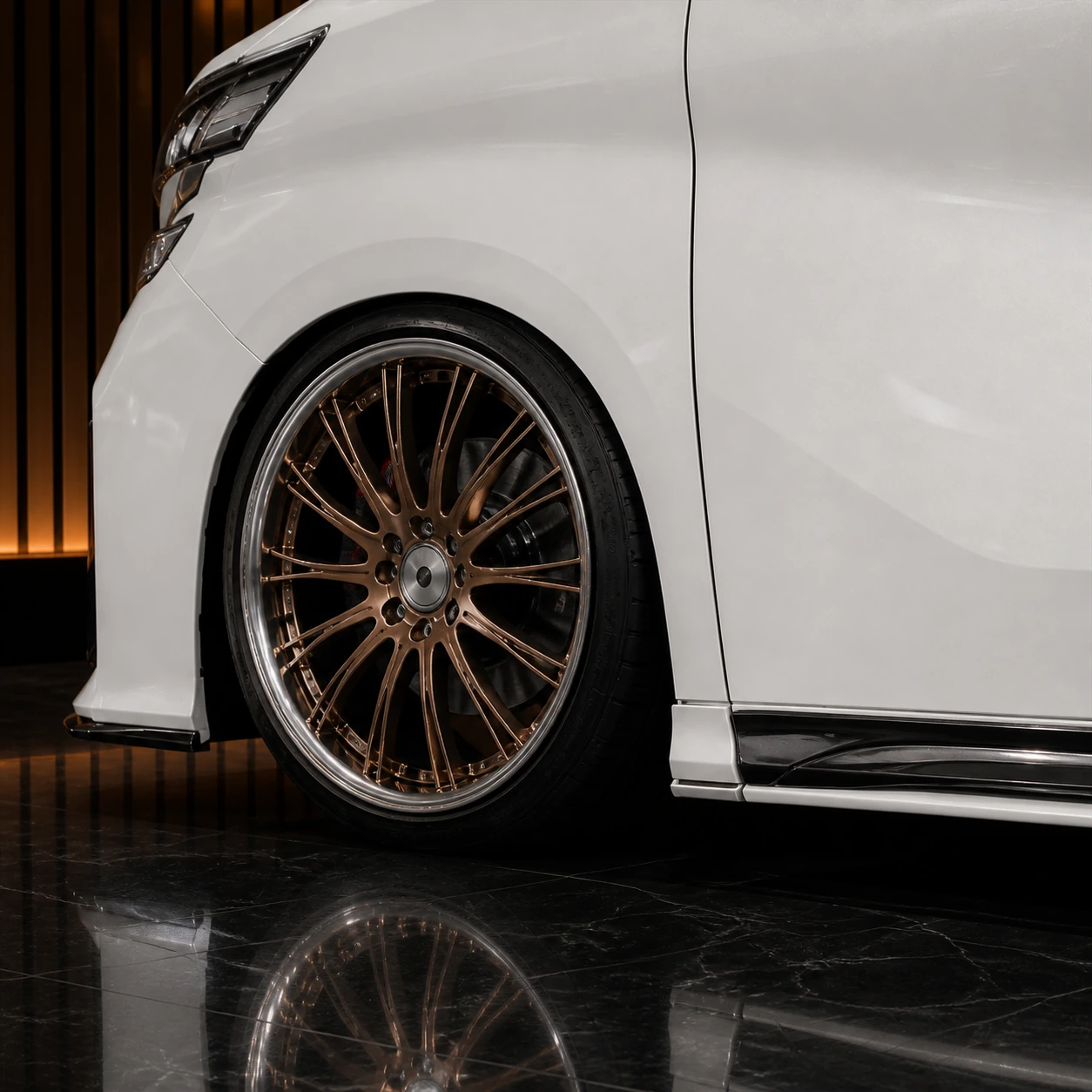 Toyota Alphard 30 pre-facelift bronze multi-spoke wheel and sectional side-step AI concept detail