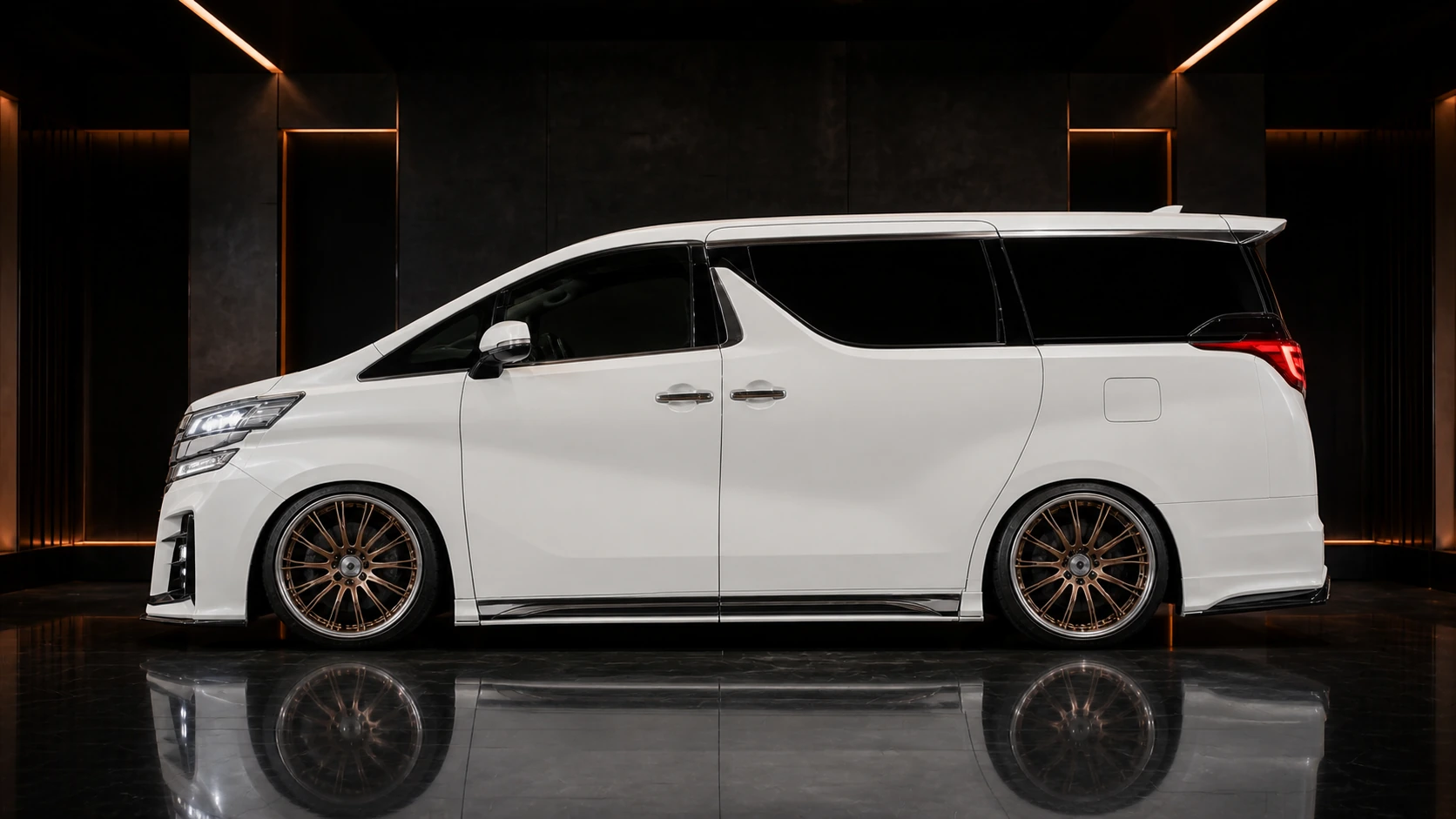 Pearl White Toyota Alphard 30 pre-facelift six-piece side-step AI concept visual