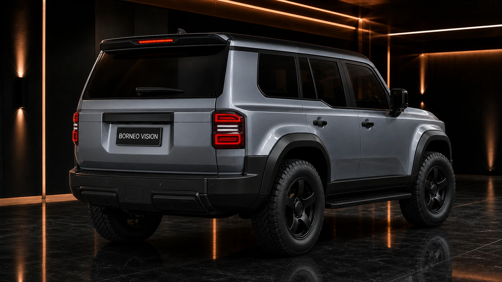 Toyota Land Cruiser 250 SPORT 35mm square-headlamp hitch-ready complete rear three-quarter AI concept visual