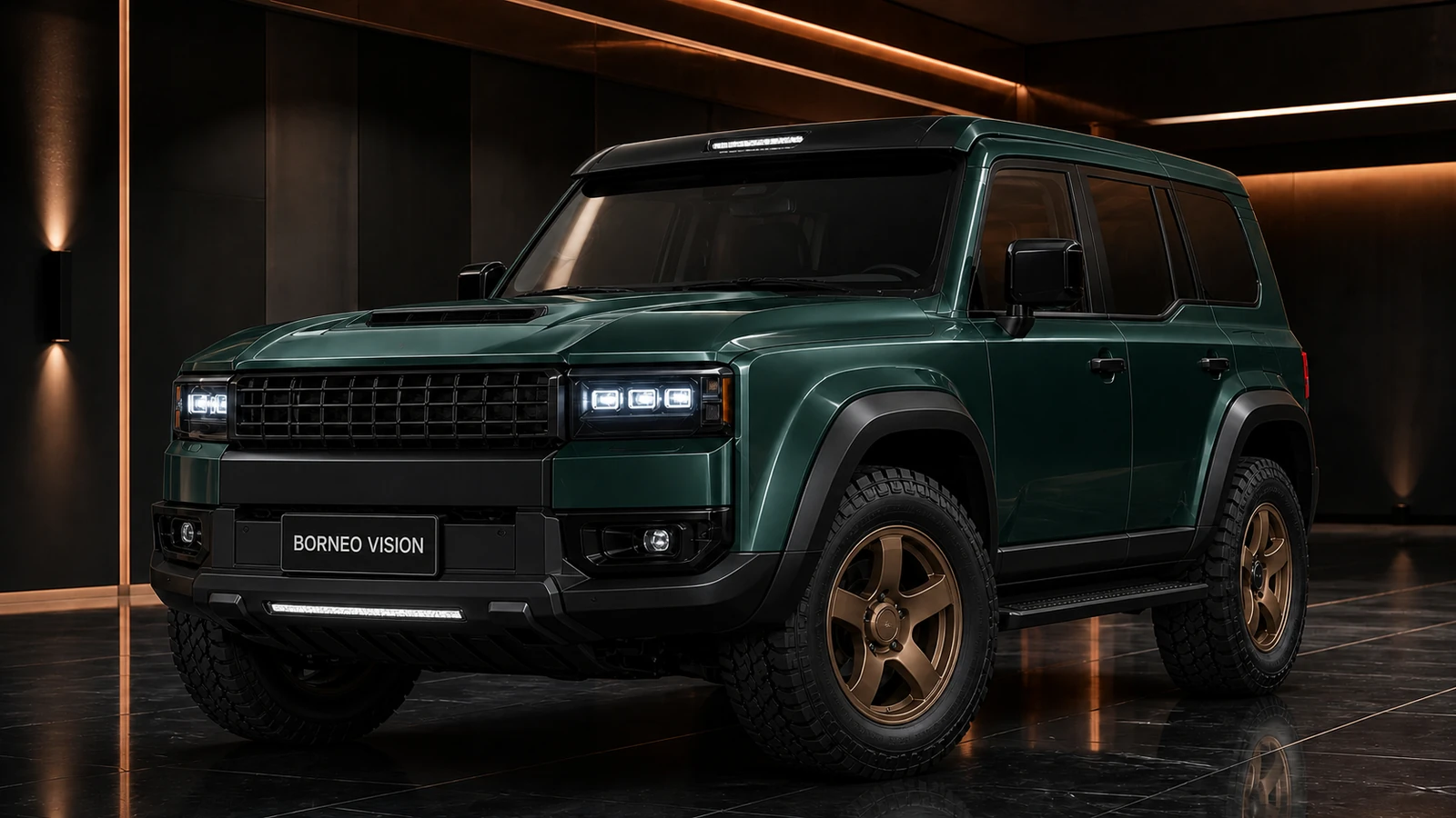 Toyota Land Cruiser 250 SPORT 35mm square-headlamp no-hitch complete front three-quarter AI concept visual