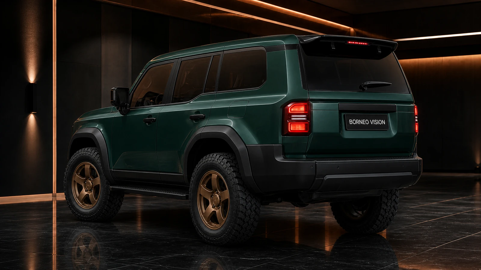 Toyota Land Cruiser 250 SPORT 35mm square-headlamp no-hitch complete rear three-quarter AI concept visual