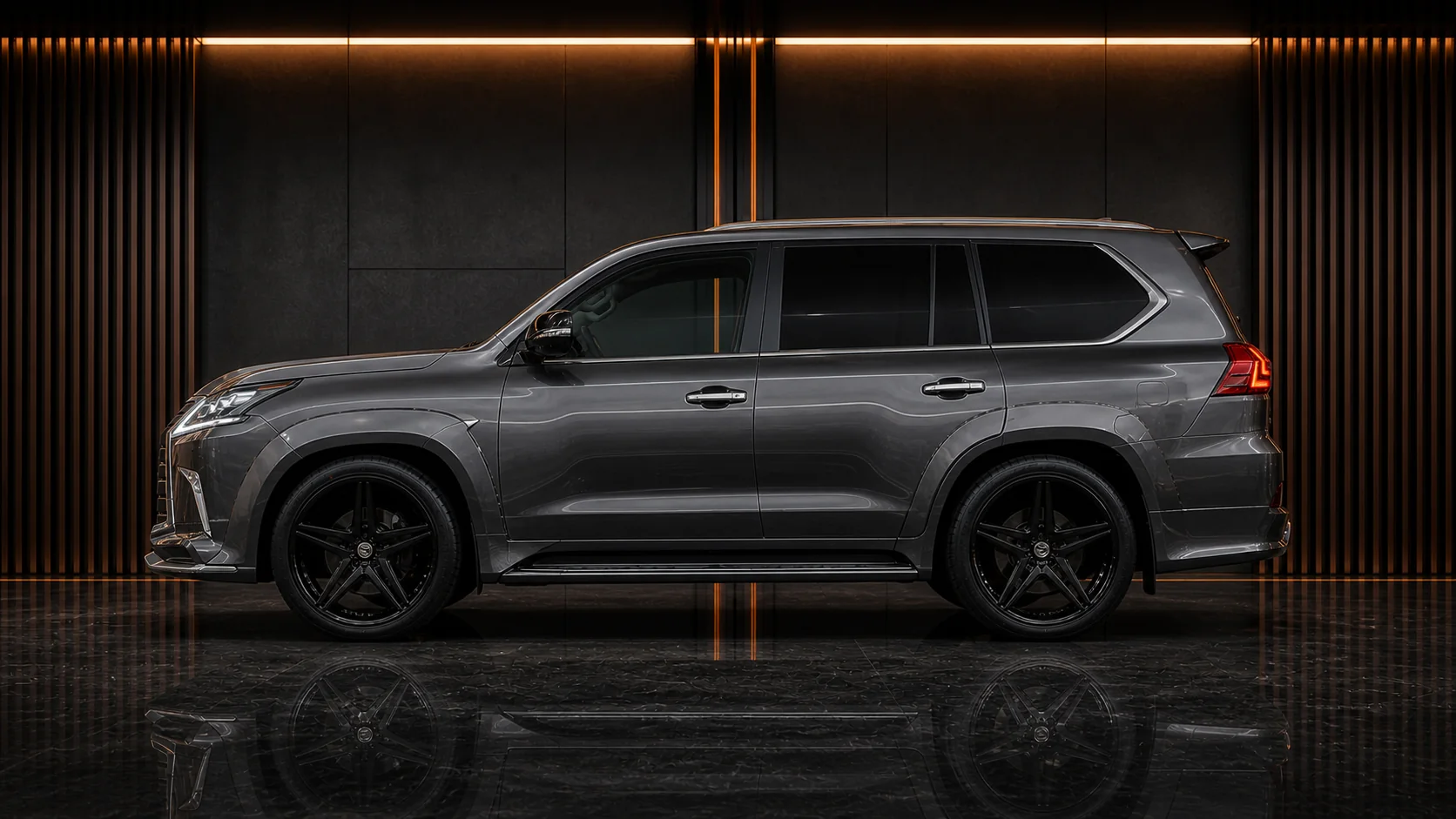 Lexus LX570 factory aero-compatible wide-fender side profile AI concept visual