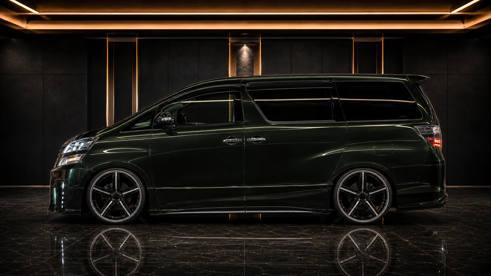 Deep Emerald Toyota Vellfire 20 early Grand Tourer Type II side-step AI concept visual