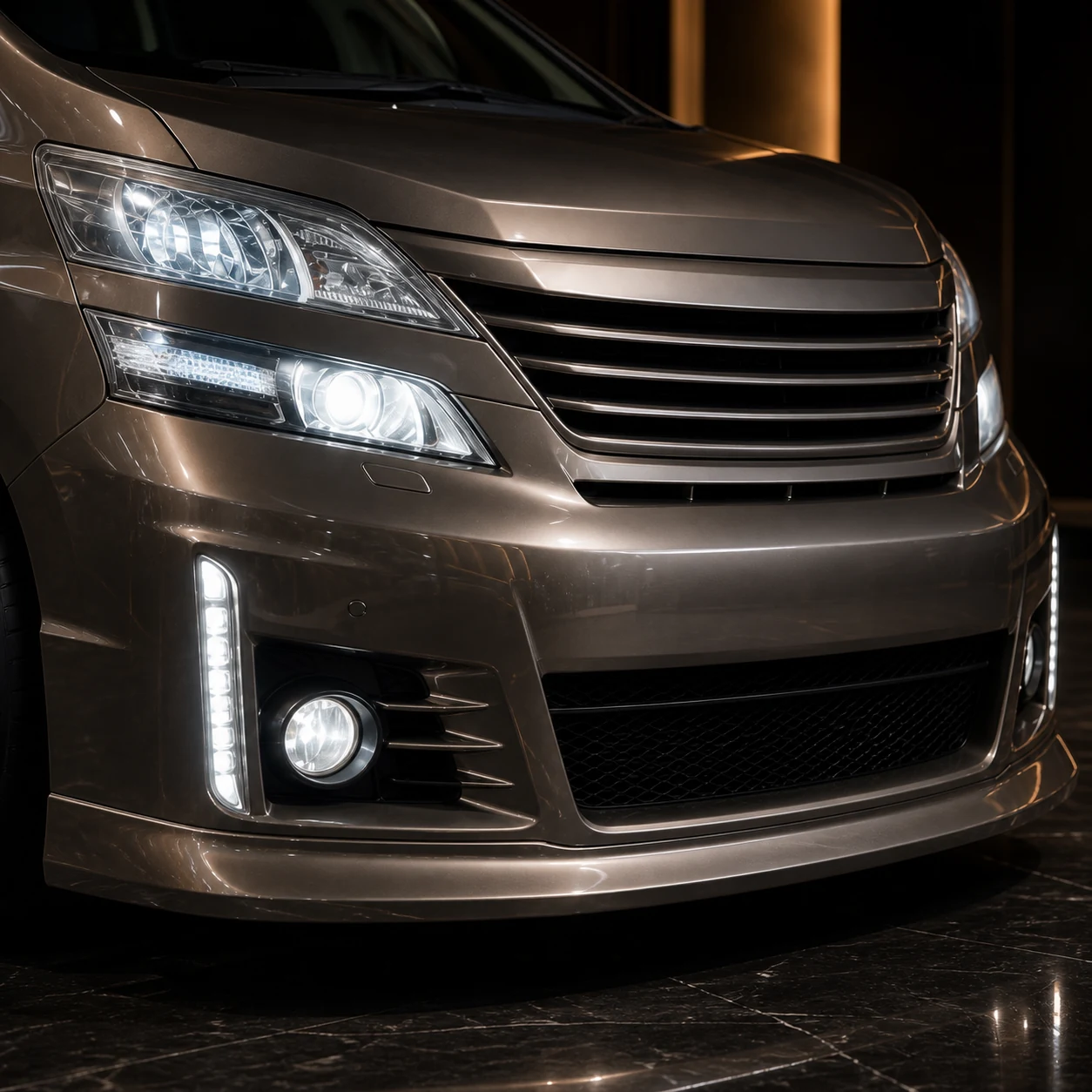 Toyota Vellfire 20 early horizontal grille fog lamp and vertical LED front-bumper AI concept detail