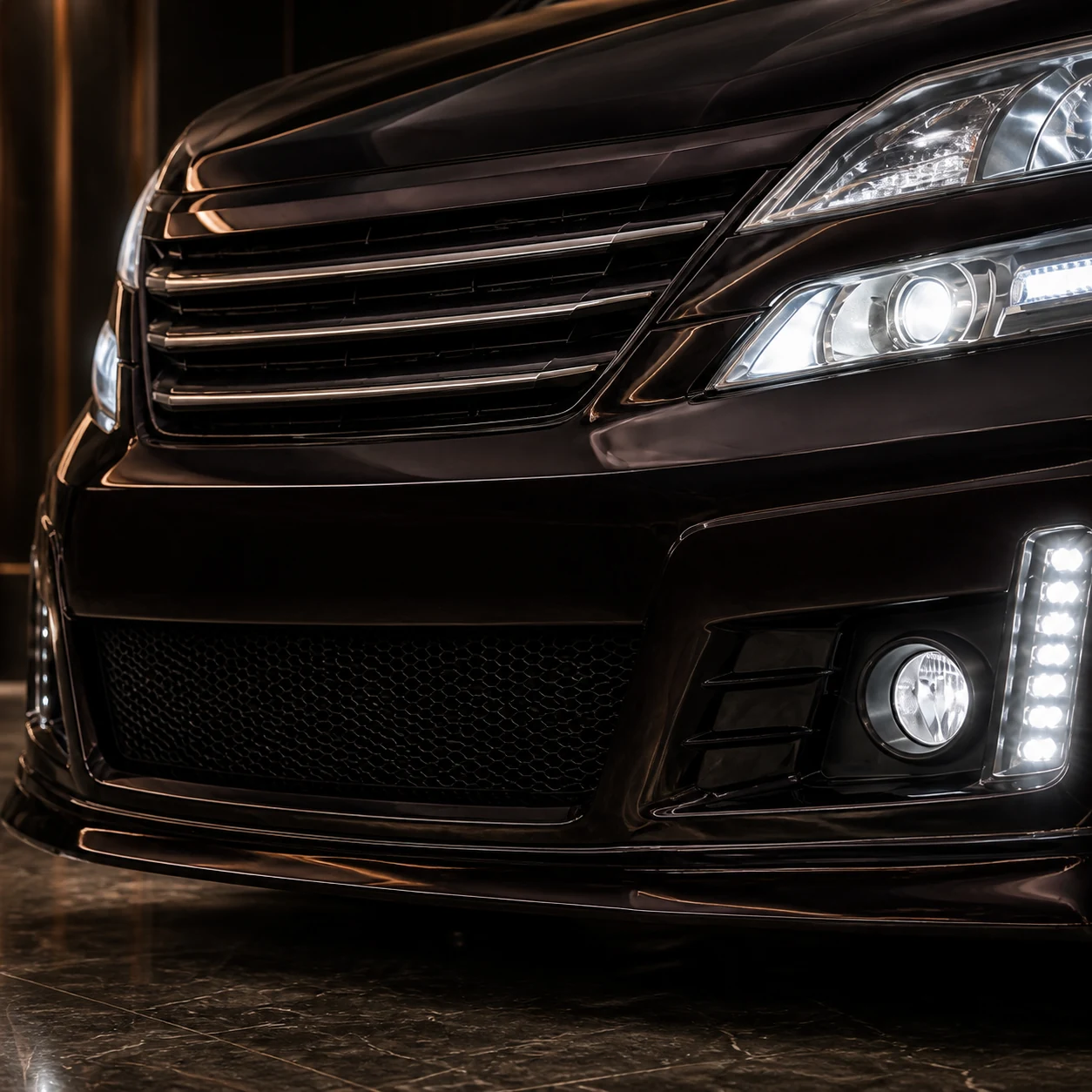 Toyota Vellfire 20 early horizontal grille fog lamp and vertical LED front-bumper AI concept detail