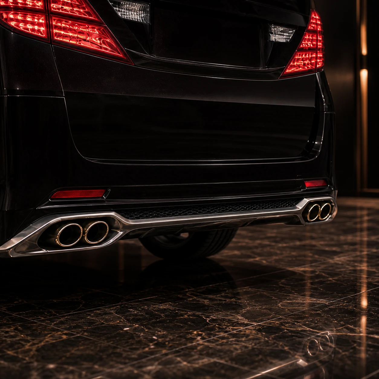 Toyota Vellfire 20 early Type II four-tip D-class exhaust and rear-bumper AI concept detail