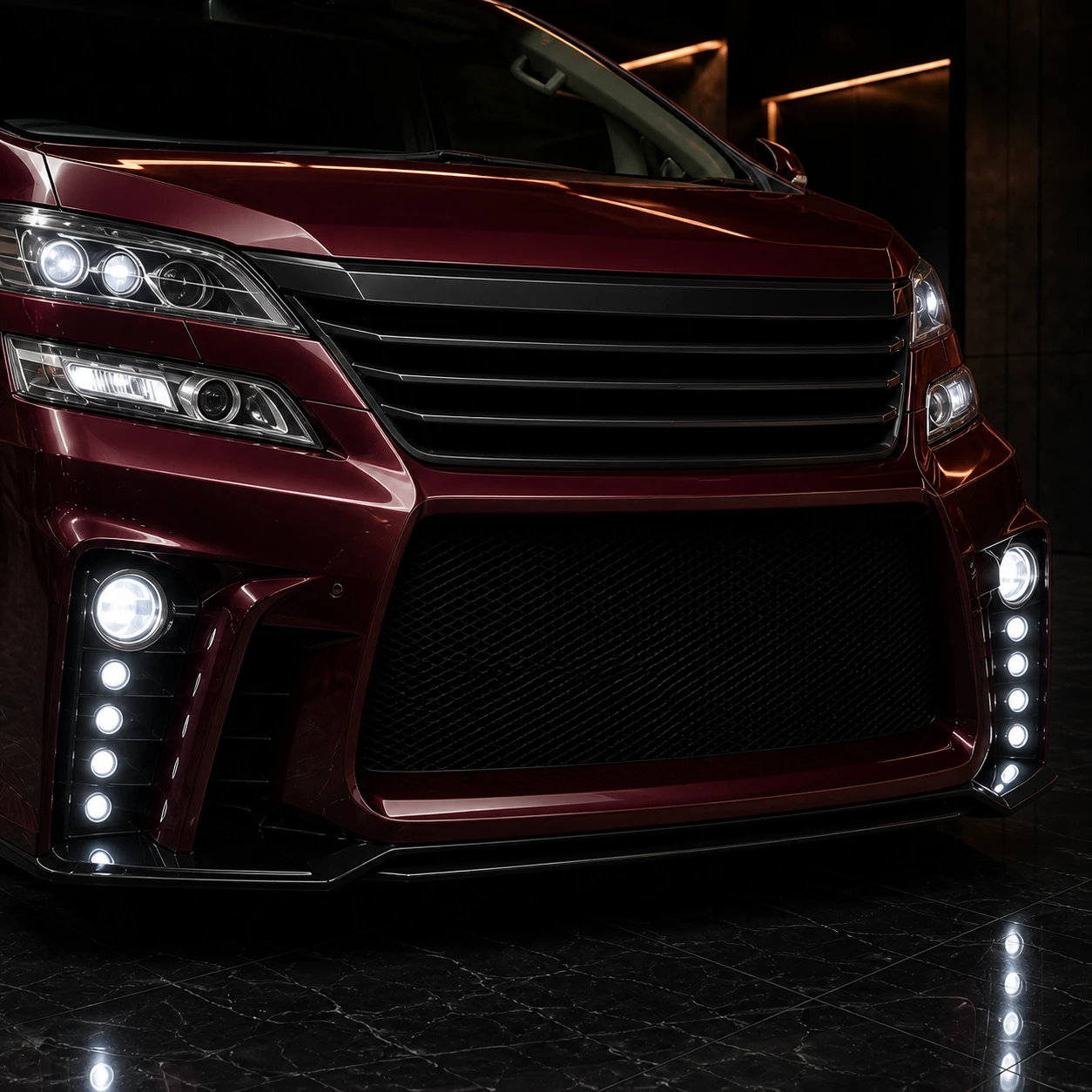Toyota Vellfire 20 late round-fog and five-LED GT front bumper AI concept detail
