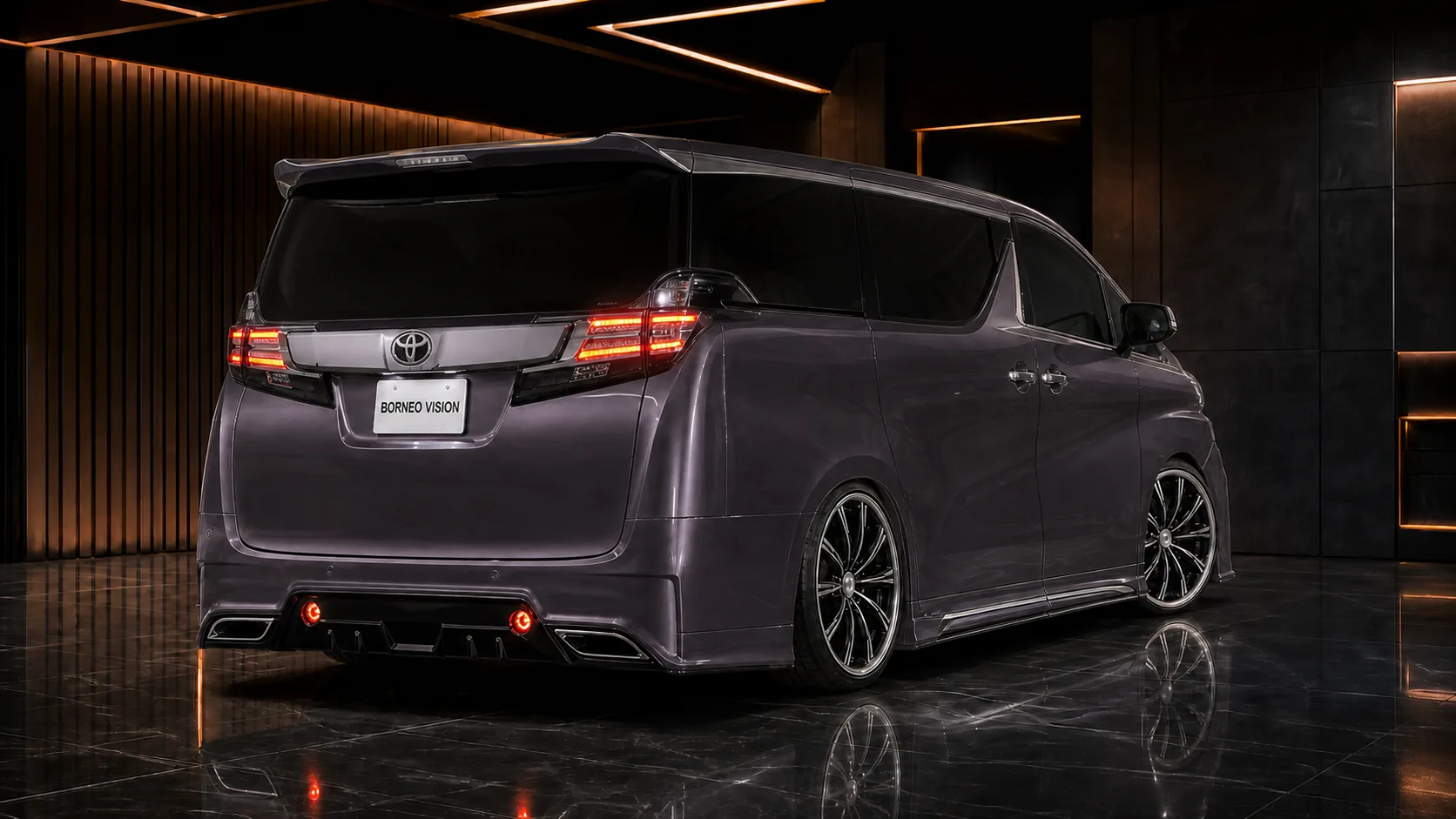 Titanium Violet-Grey Toyota Vellfire 30 pre-facelift A-line diffuser and capped finisher AI concept visual