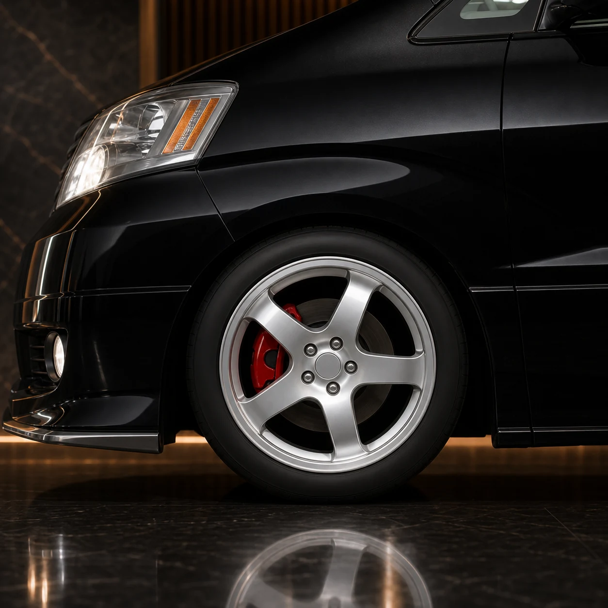 Sports Aero Front Spoiler — Toyota Alphard 10 MS/AS Pre-Facelift (2002–2005) — wheel and side detail