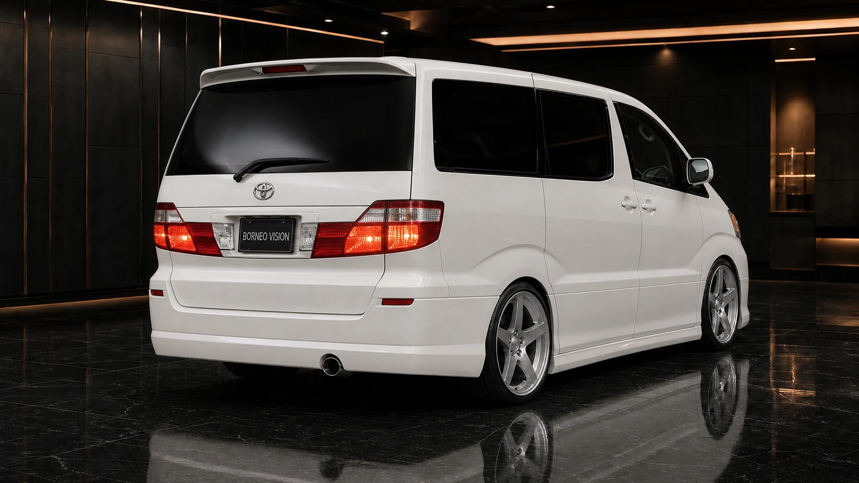 Executive Aero V1 — Toyota Alphard 10 MZ/AZ/MX/AX Pre-Facelift (2002–2005) — rear three-quarter