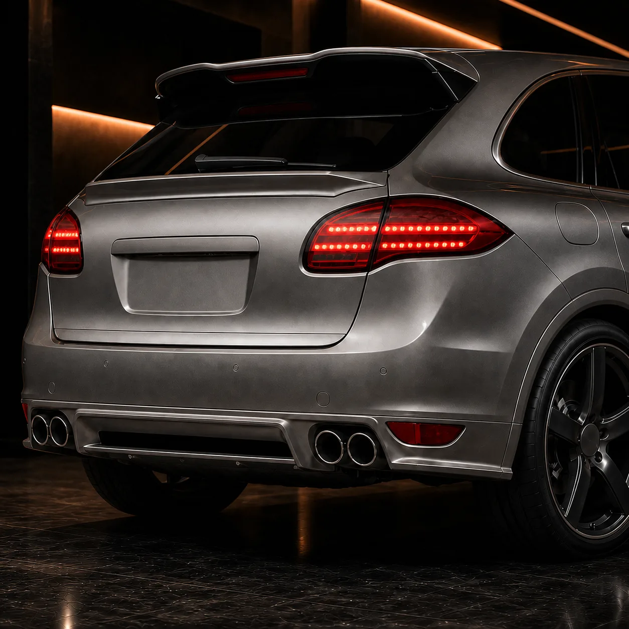Porsche Cayenne Turbo 958 low gate spoiler rear half and quad round outlets AI concept detail