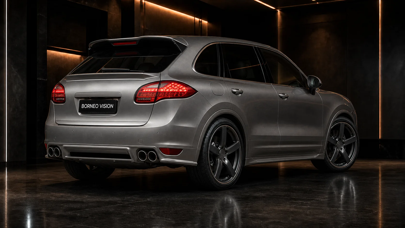 Porsche Cayenne Turbo 958 factory-width rear half gate spoiler and four round outlets AI concept visual