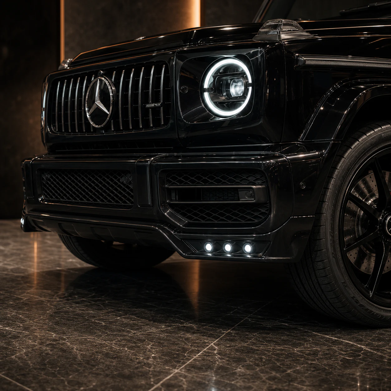 Mercedes-AMG G63 50 mm-down FRP front half spoiler and six-lamp LED kit AI concept detail