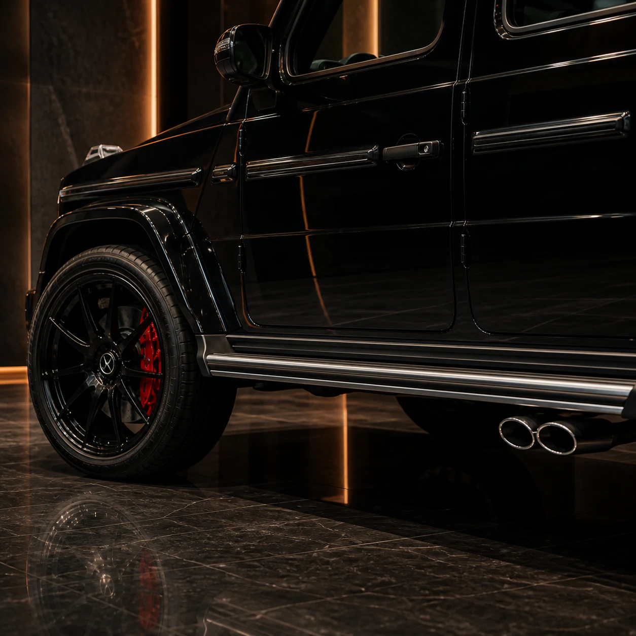 Mercedes-AMG G63 factory-width arch running board and side-exit exhaust AI concept detail