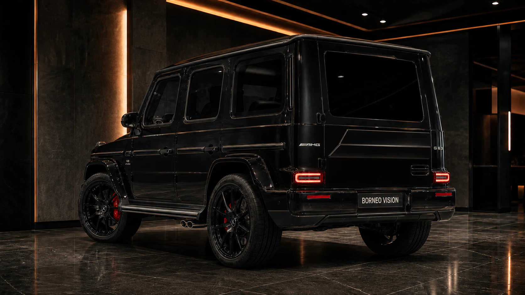 Obsidian Black Mercedes-AMG G63 spare-delete rear gate and FRP rear spoiler AI concept visual