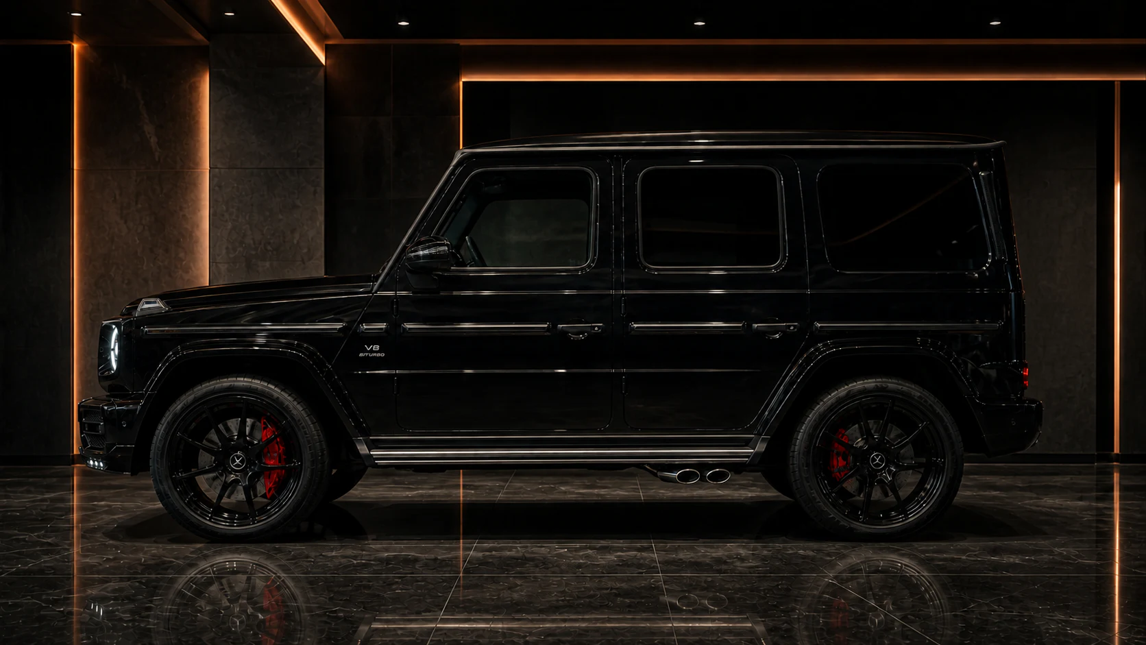 Obsidian Black Mercedes-AMG G63 W463A FRP package side profile AI concept visual