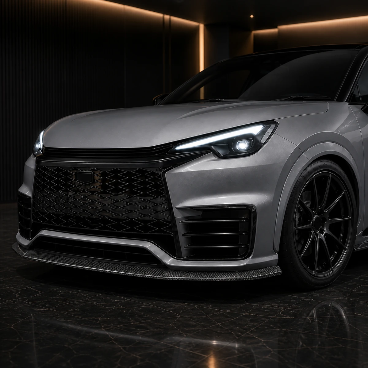 Lexus LBX Morizo RR exposed-carbon front under spoiler without bumper garnish AI concept detail