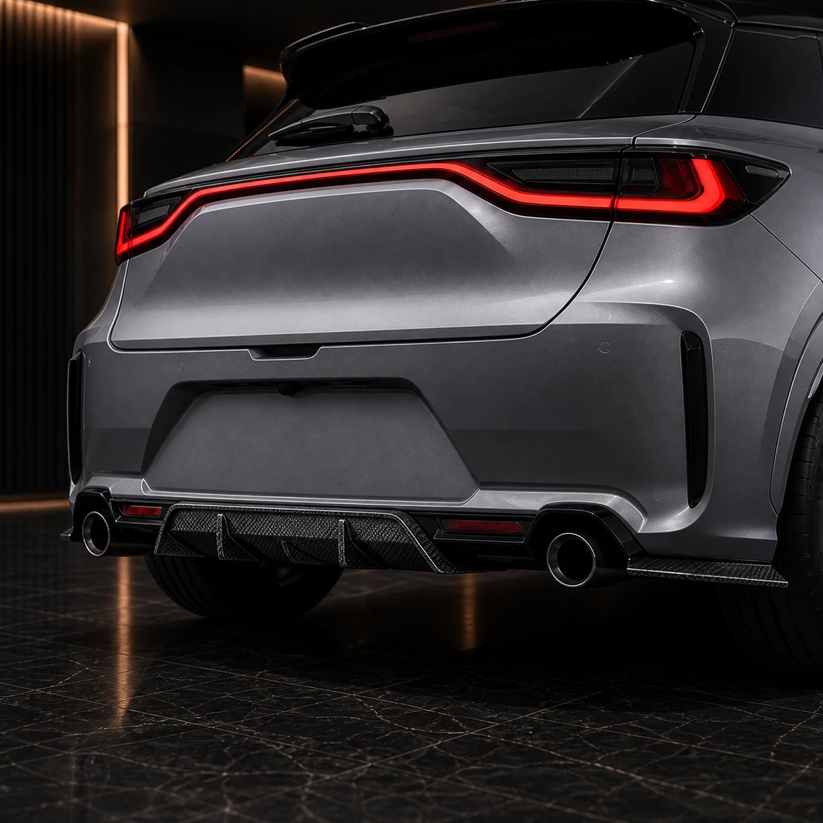 Lexus LBX Morizo RR exposed-carbon rear diffusers with dark OEM exhaust AI concept detail