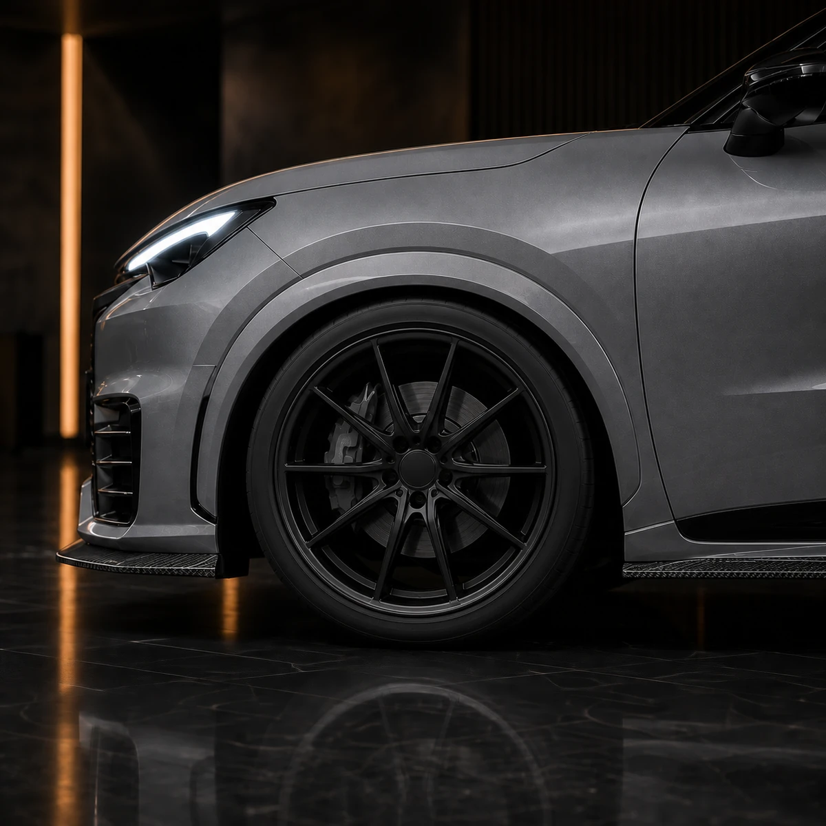 Lexus LBX Morizo RR original factory-width arch black wheel and exposed-carbon side-under AI concept detail