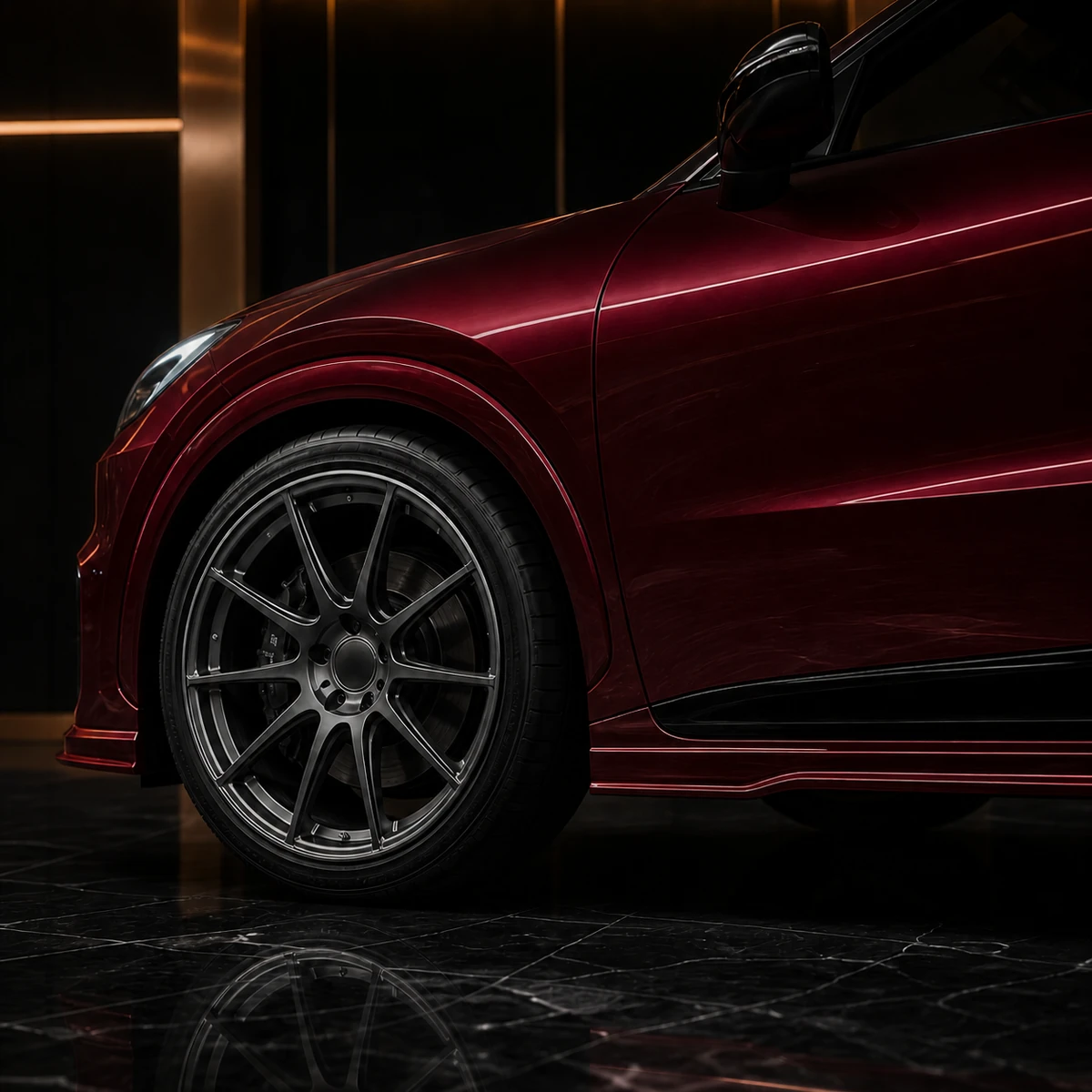 Lexus LBX Morizo RR original factory-width arch graphite wheel and side-under AI concept detail