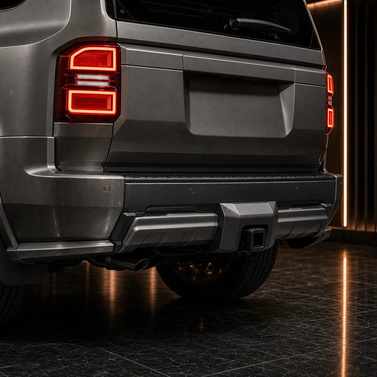 Toyota Land Cruiser 250 VX four-piece rear half and tow receiver clearance AI concept detail