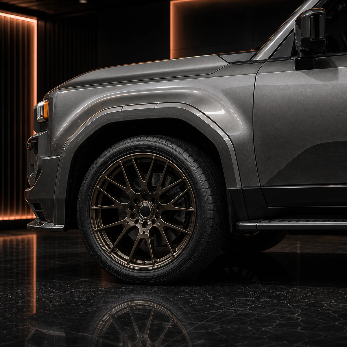 Toyota Land Cruiser 250 VX 30–35 mm overfender and bronze wheel AI concept detail
