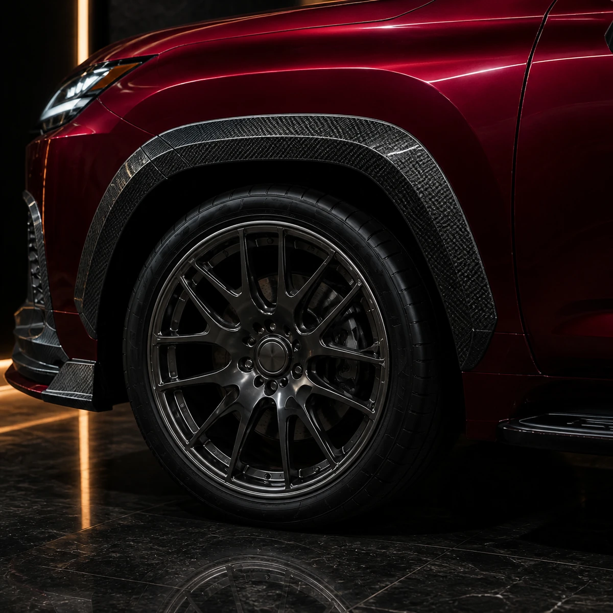 Lexus LX exposed-carbon 50 mm front arch and gunmetal wheel AI concept detail