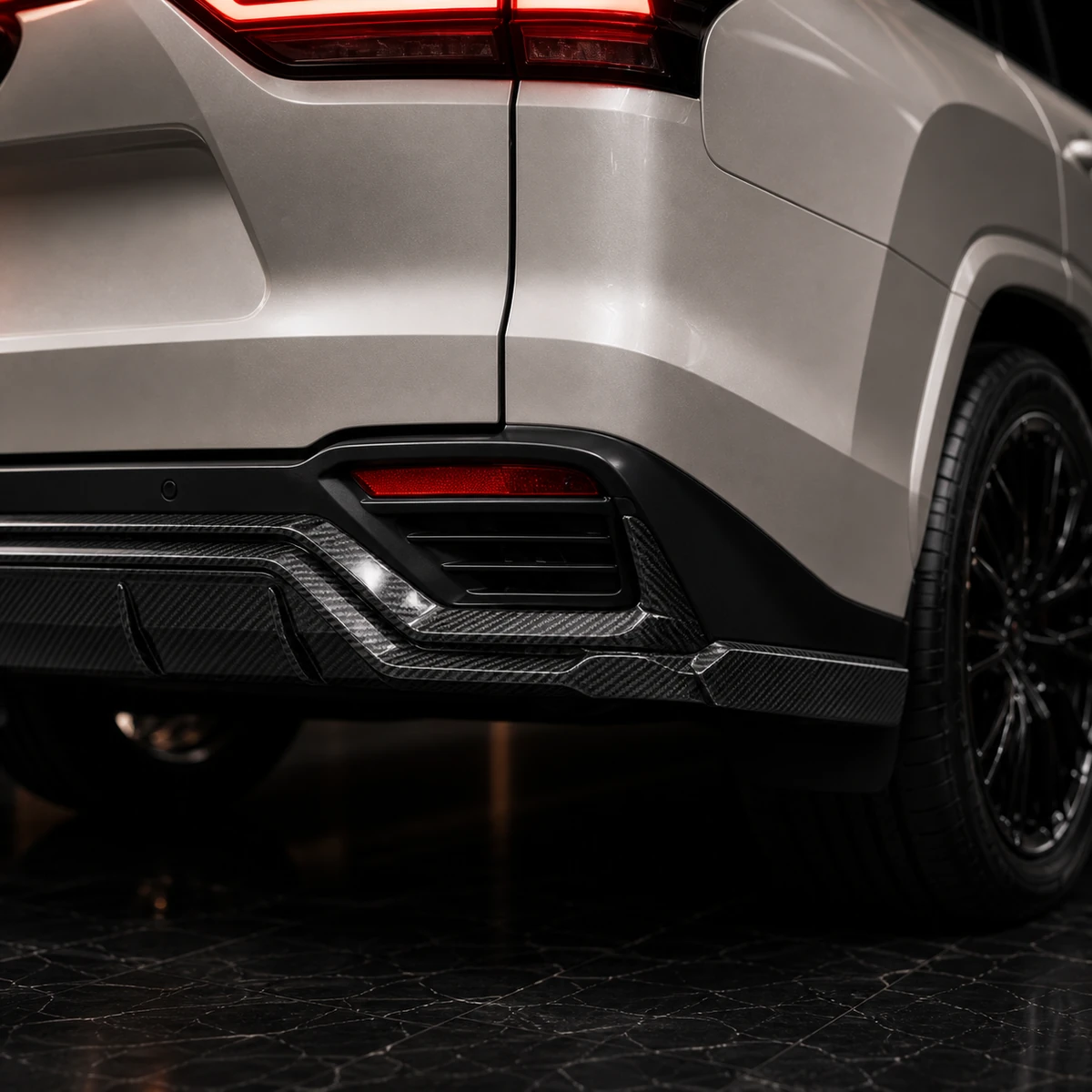 Lexus LX F SPORT factory-width partial-carbon five-piece rear lower spoiler AI concept detail