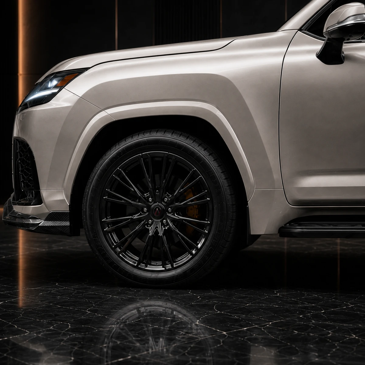 Lexus LX original silver metal arch factory running board and black wheel AI concept detail