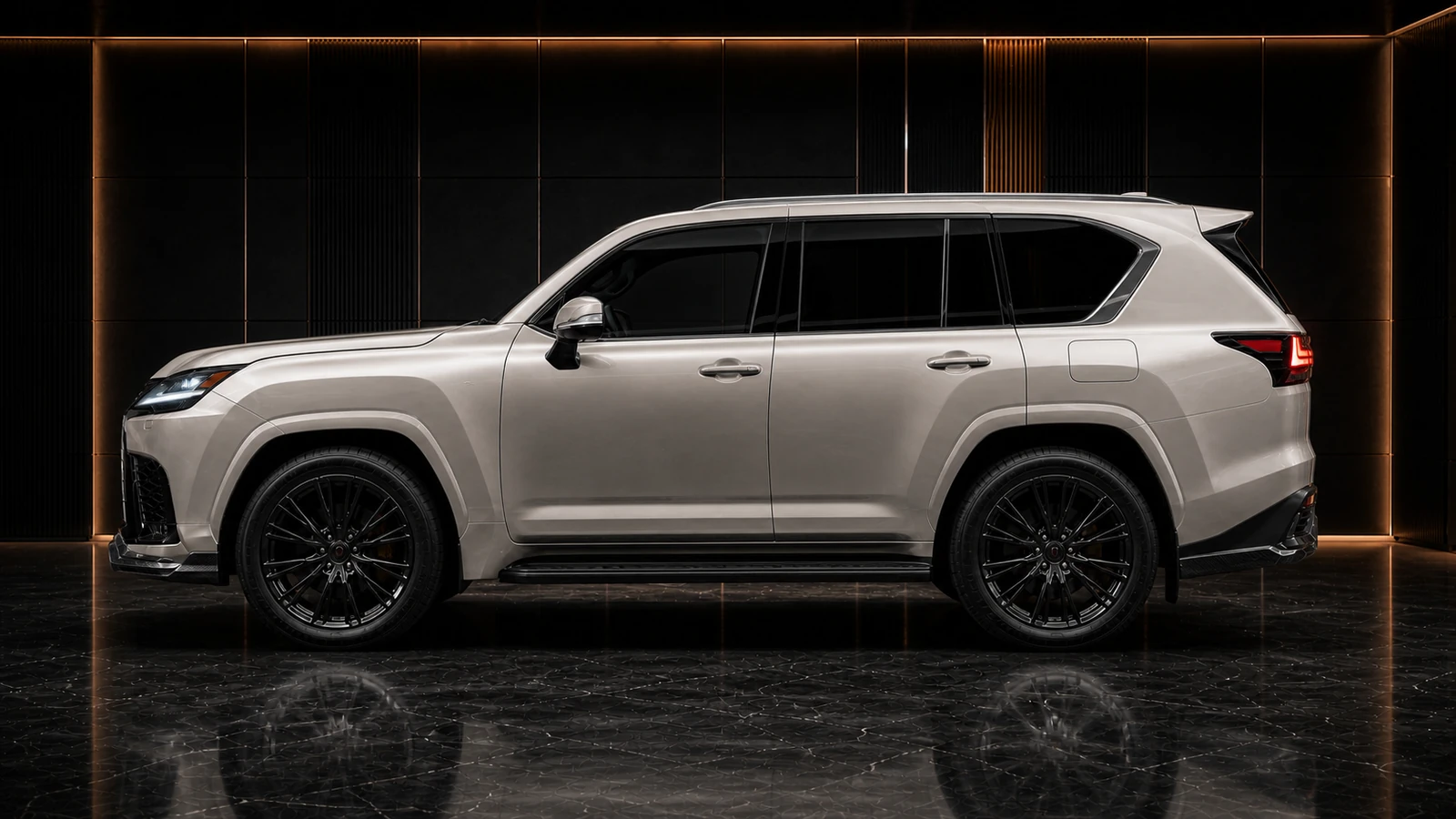 Champagne Silver Lexus LX600 LX700h original arches and running boards AI concept profile