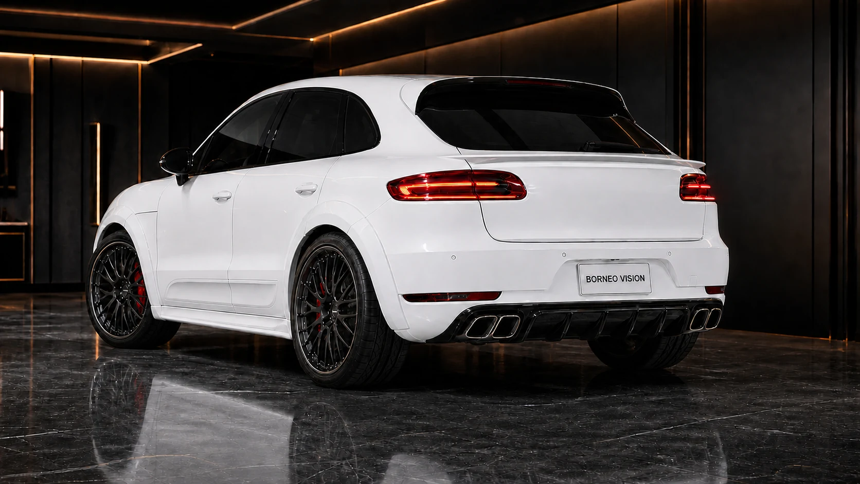 Chalk White Porsche Macan Turbo 95B rear diffuser gate spoiler and wide arch AI concept visual