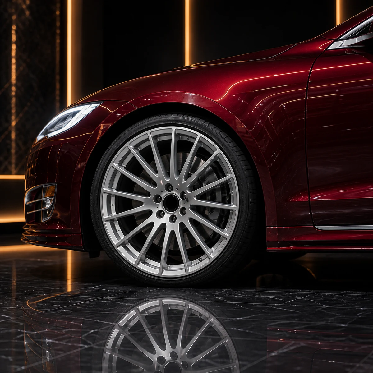 Tesla Model S 85D silver wheel factory arch and painted side step AI concept detail