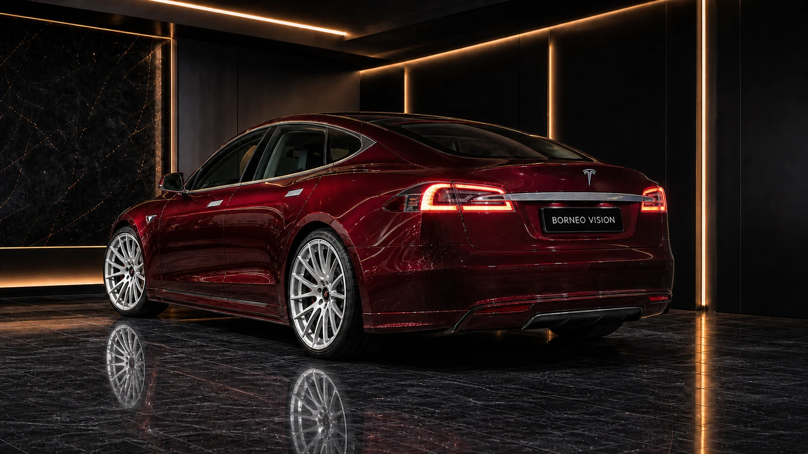Tesla Model S 85D clean spoiler-free trunk and painted rear half AI concept visual