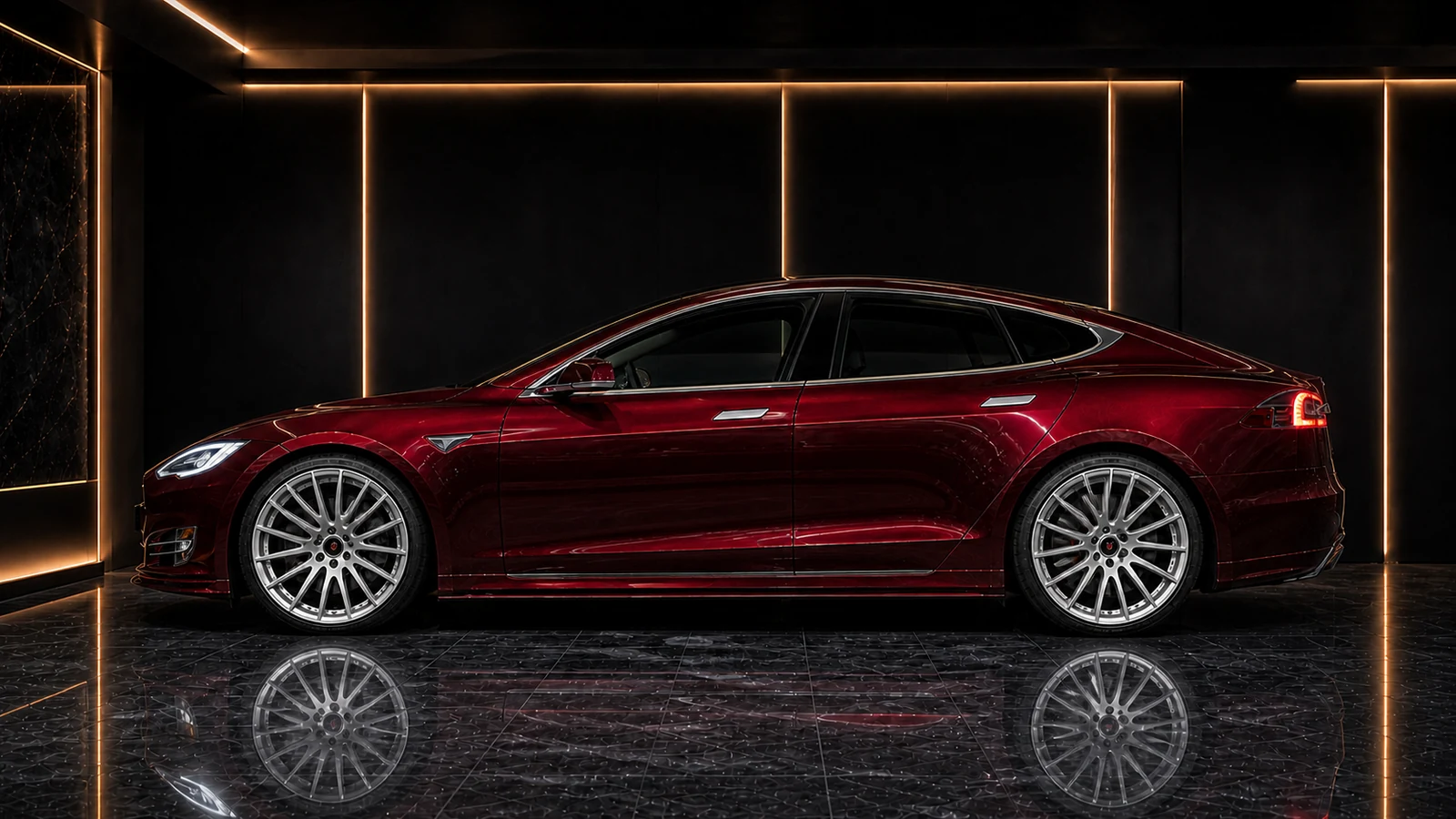Tesla Model S 85D factory arches and painted tapered side steps AI concept profile