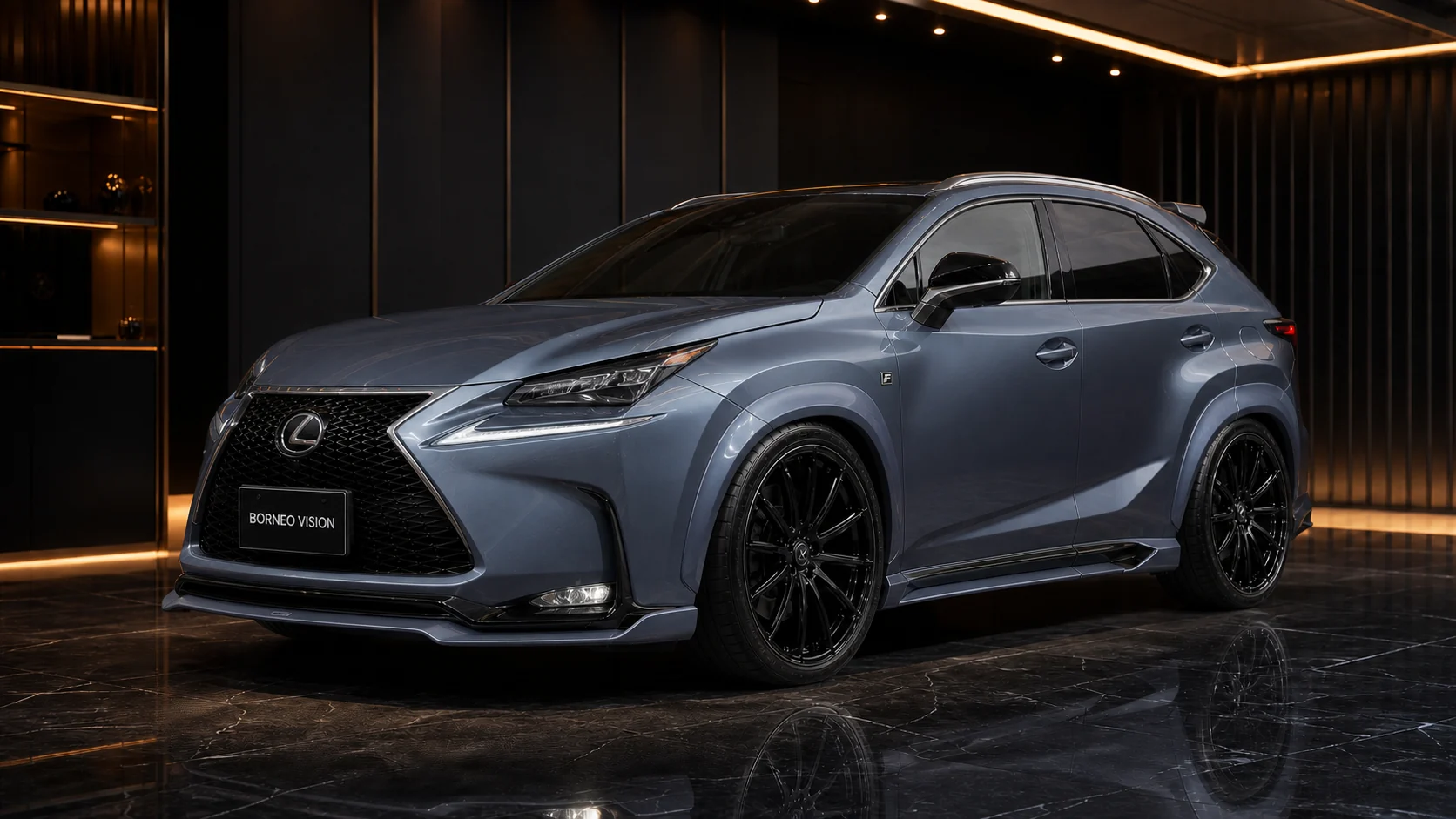 Titanium Blue-Grey Lexus NX200t F SPORT 35 mm wide no-LED front AI concept visual
