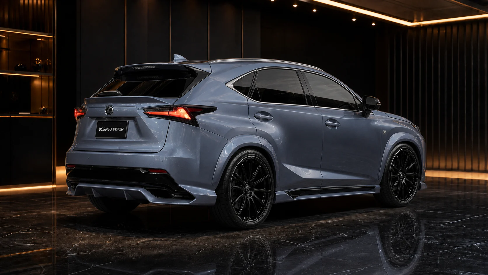 Titanium Blue-Grey Lexus NX200t F SPORT 35 mm wide concealed-exhaust rear AI concept visual