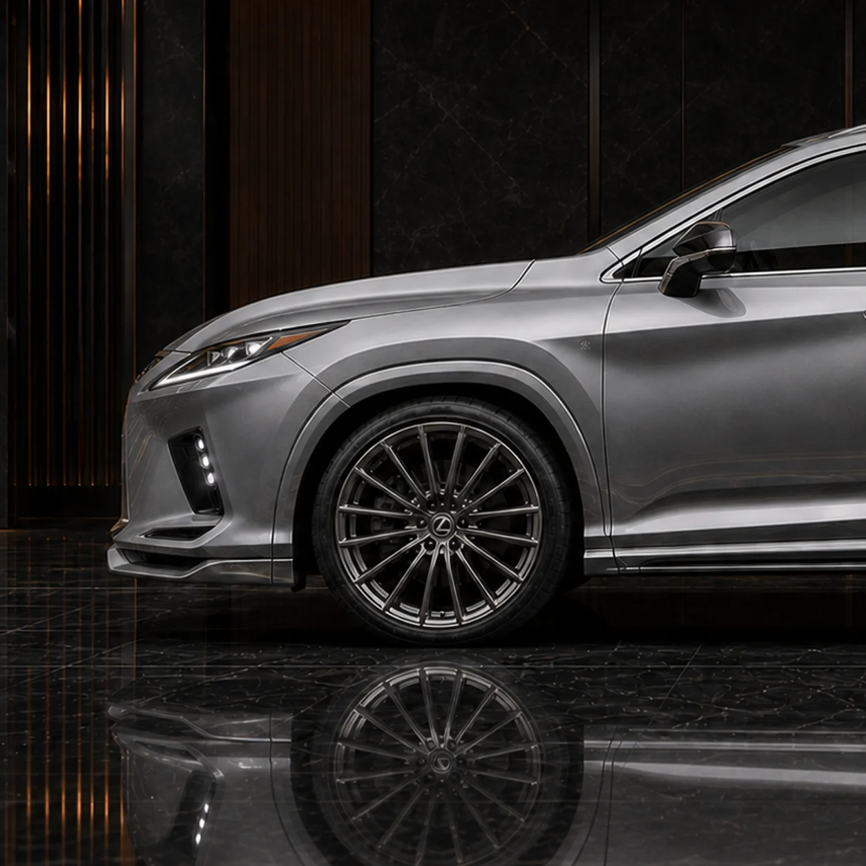 Lexus RX300 dark-titanium wheel, 8–10 mm replacement arch and side under AI concept detail
