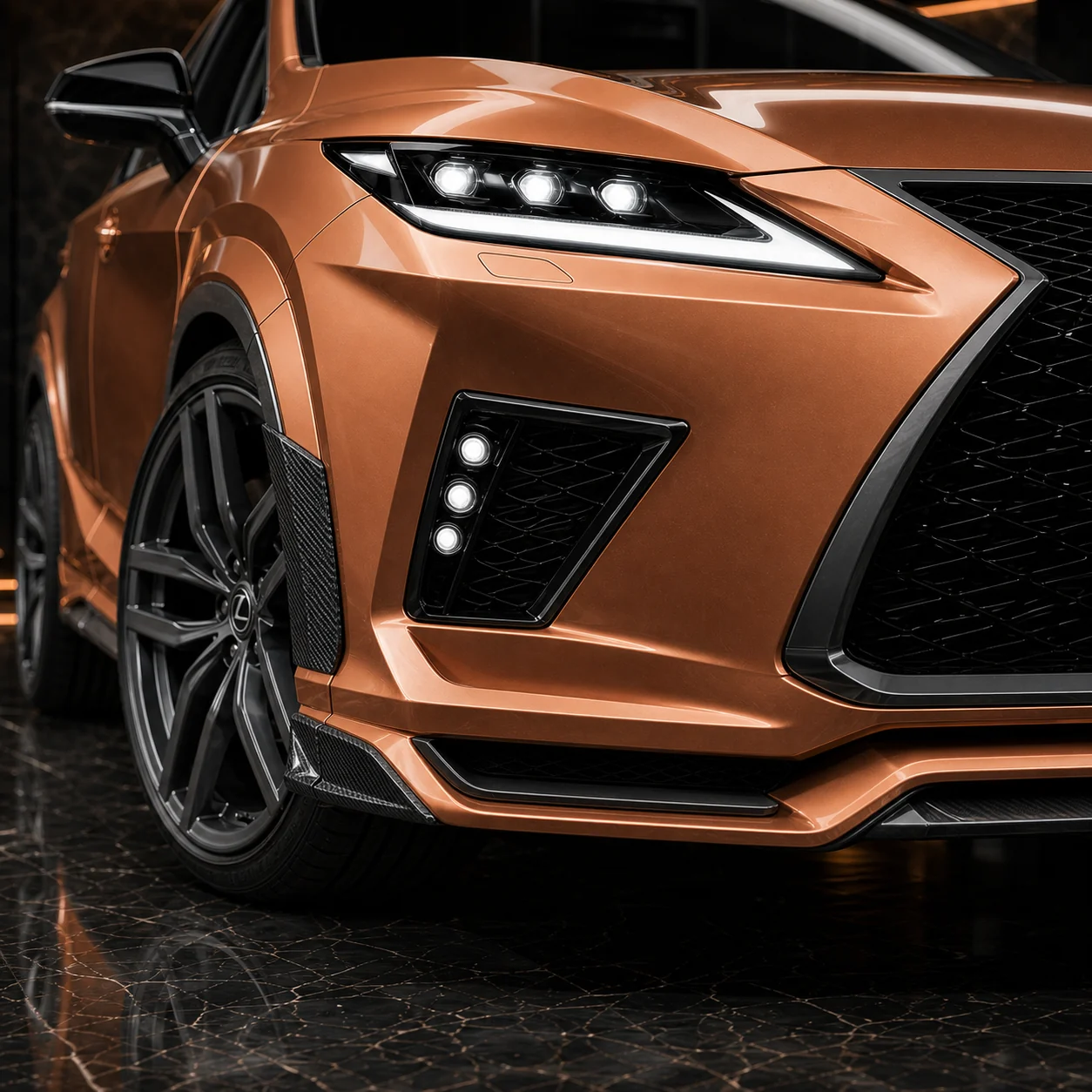 Lexus RX450h front under, six-lamp garnish and carbon wide arch AI concept detail