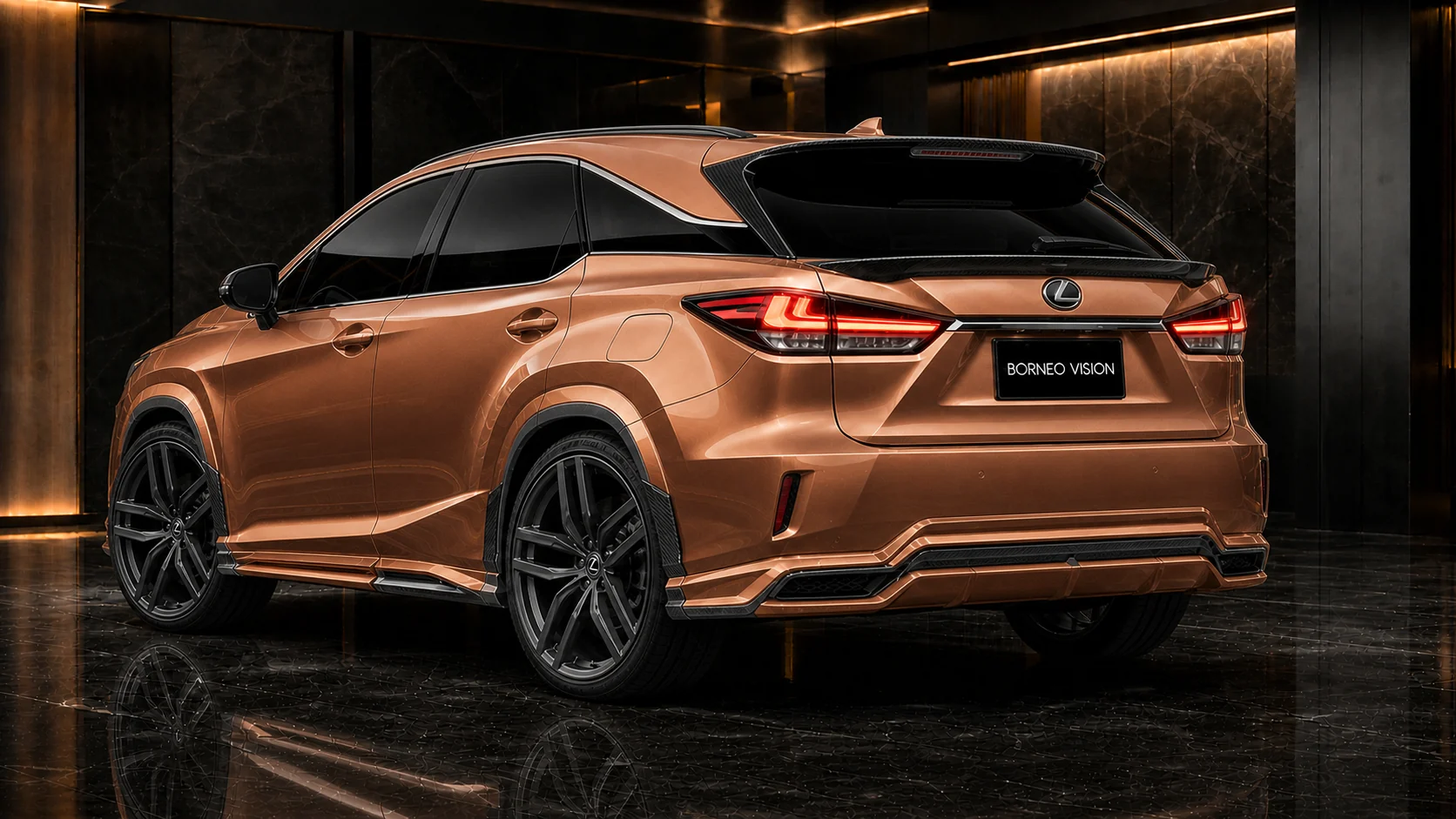 Borneo Copper Lexus RX450h 30 mm carbon-accent hybrid rear AI concept visual